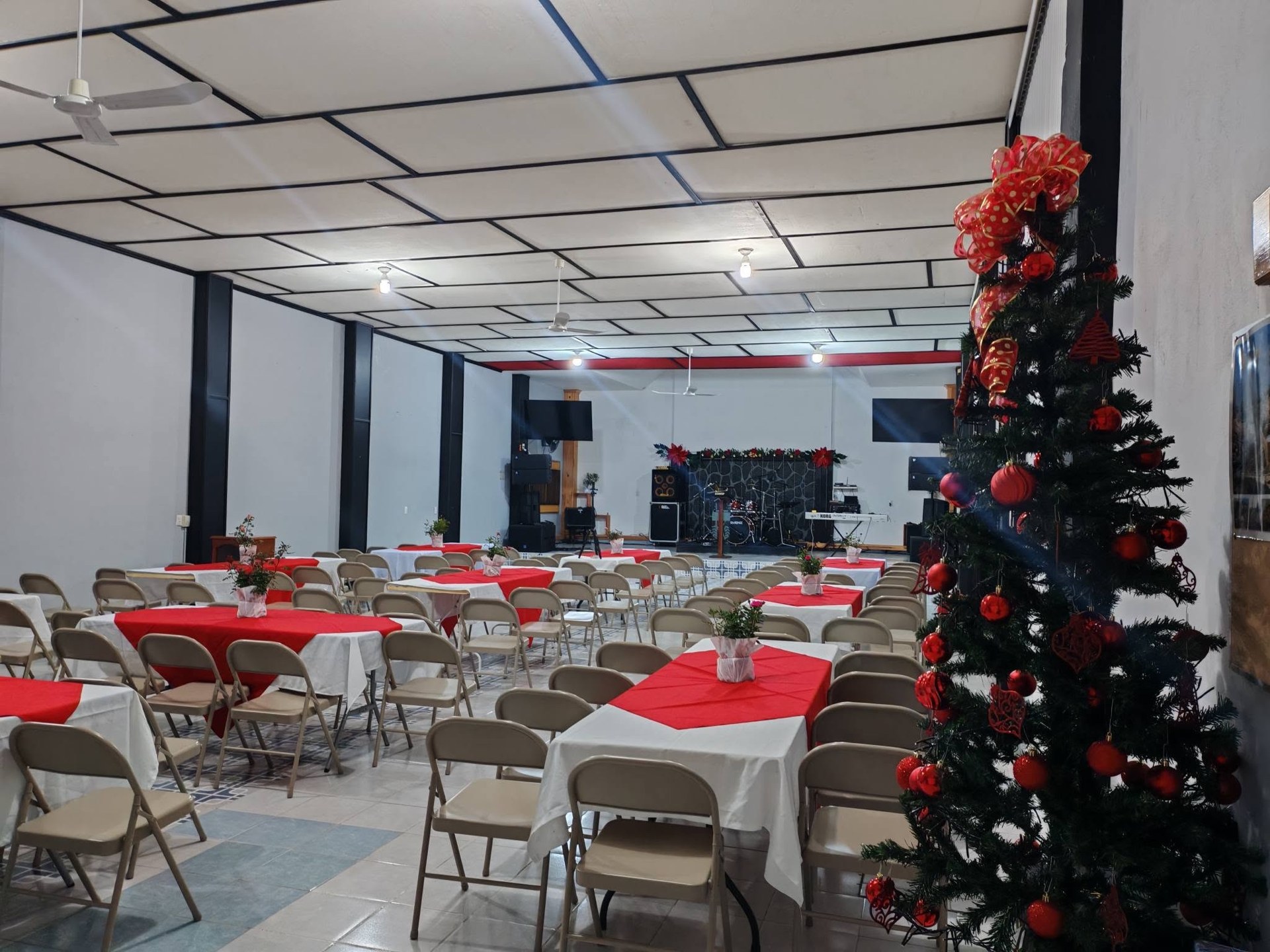 Mesas preparadas y árbol decorado dentro del salón.